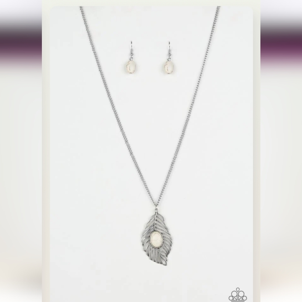 Flight Path - White Stone Silver Feather Pendant Necklace - Paparazzi